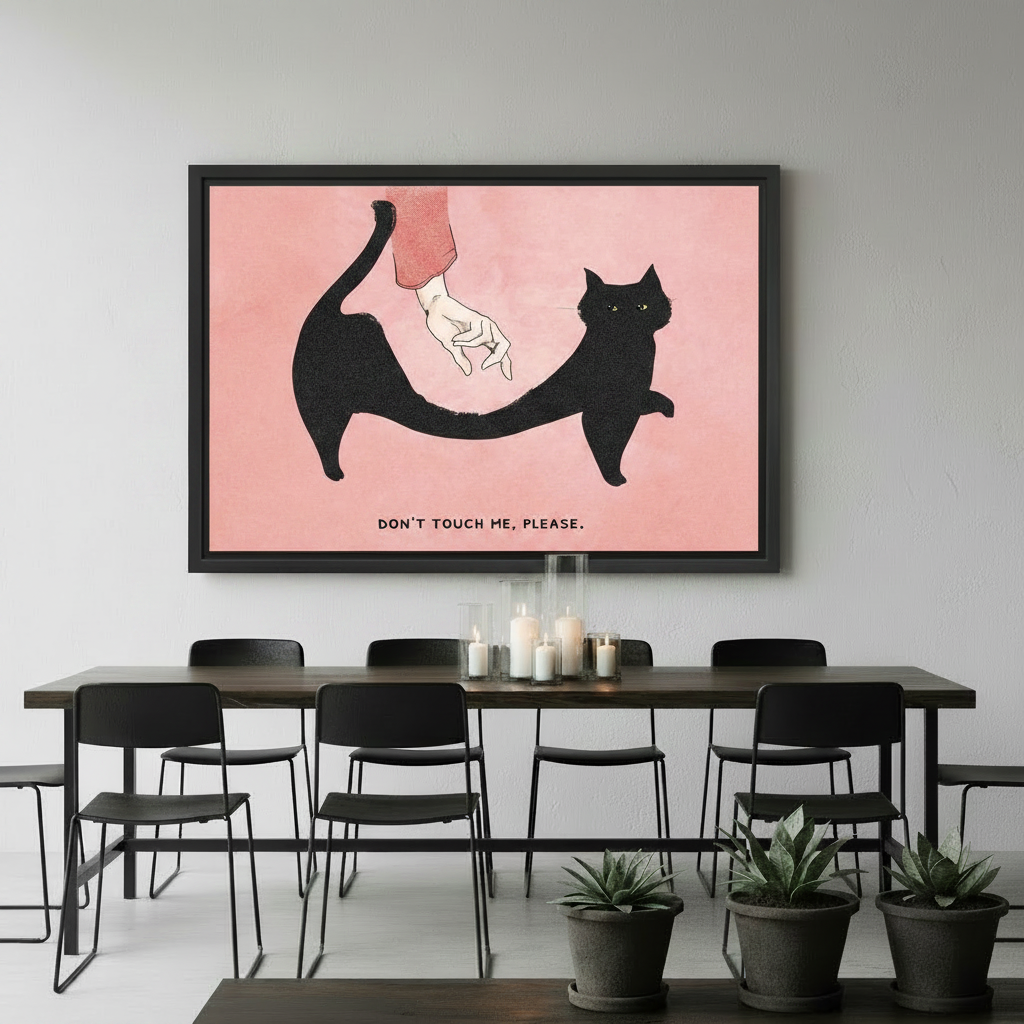 Don't Touch Me Please black cat canvas print in black floating frame above a dark dining table in a modern room