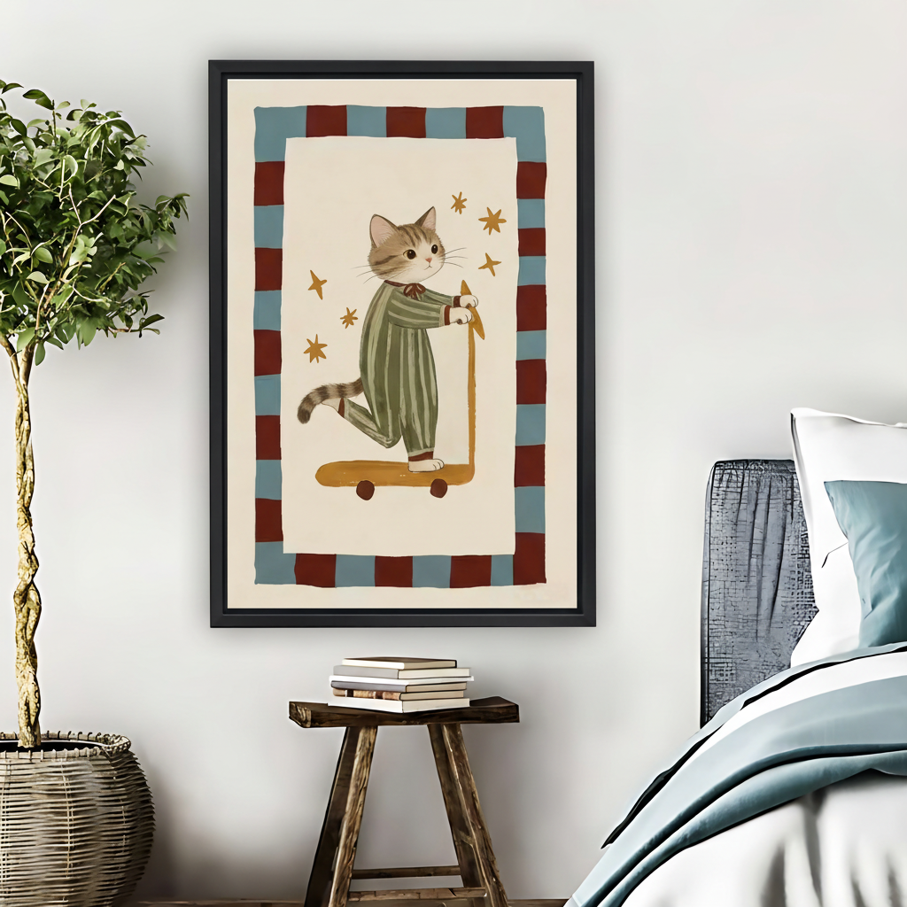 Cute Cat Riding Scooter Vintage Illustration Framed Canvas Art| Liberty Signs #L1655