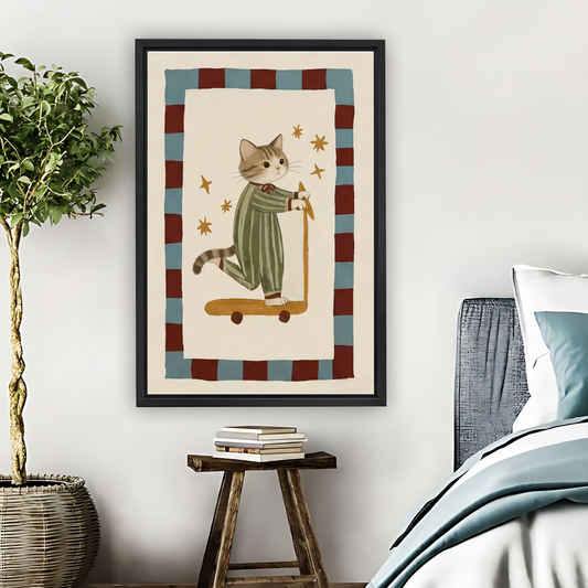 Cute Cat Riding Scooter Vintage Illustration Framed Canvas Art| Liberty Signs #L1655