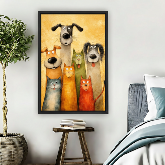 Funny Cats and Dogs Gang Framed Canvas Wall Art|Liberty Signs#L1772