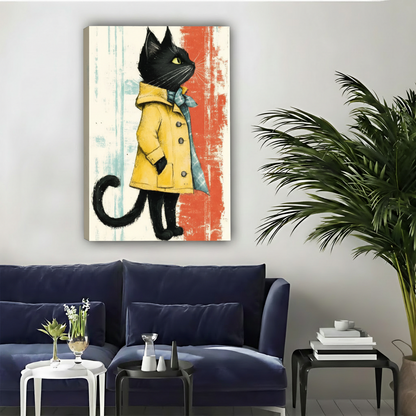 Fashionable Black Cat Yellow Coat Framed Canvas Art|Liberty Signs#L1773