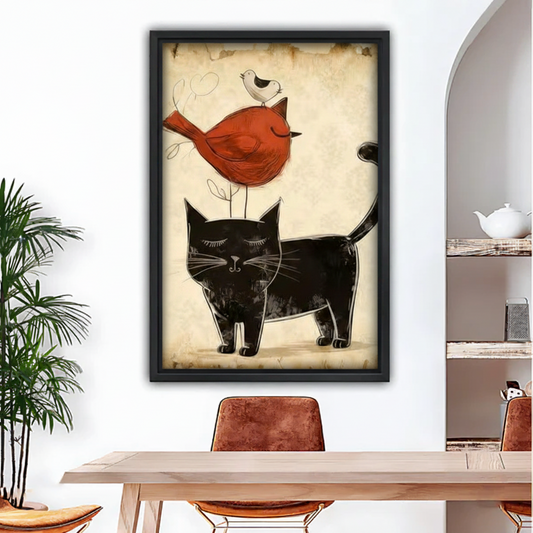 Vintage black cat red bird framed canvas wall art in black frame above dining table, whimsical illustration black cat with stacked birds