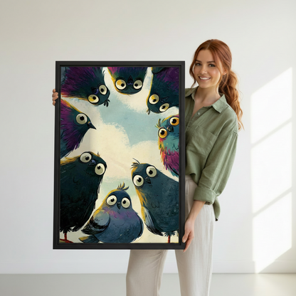Woman holding funny pigeon gang framed canvas wall art — whimsical bird print for quirky home decor