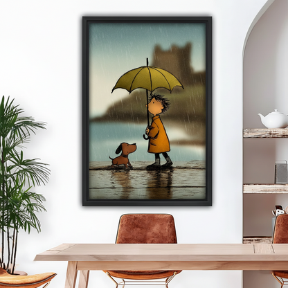 Boy with yellow umbrella and dachshund black framed canvas print hanging in bright dining room