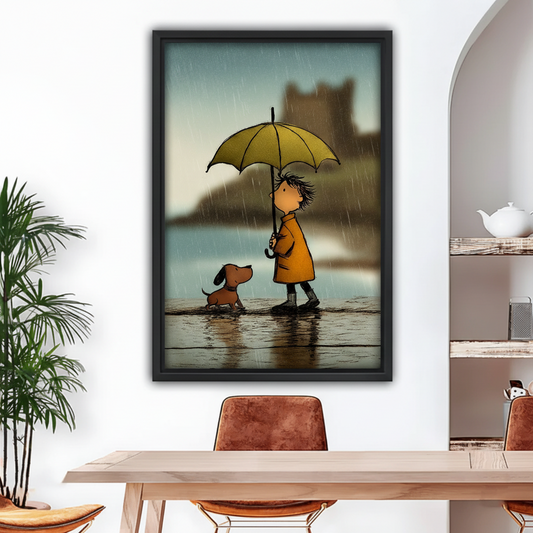 Boy with yellow umbrella and dachshund black framed canvas print hanging in bright dining room