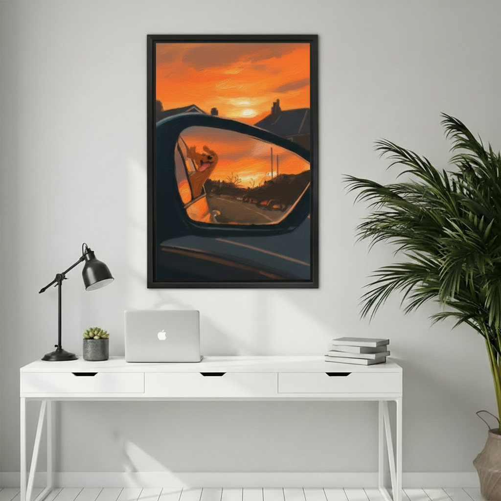 Framed dog sunset rearview mirror wall art hanging above a white desk in a bright home office
