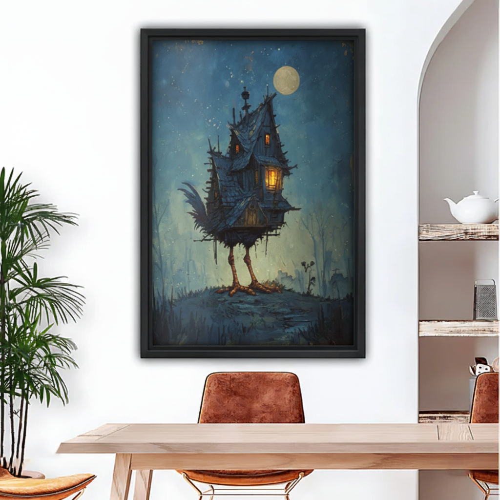 Dark fantasy gothic haunted house wall art print in black frame above dining table