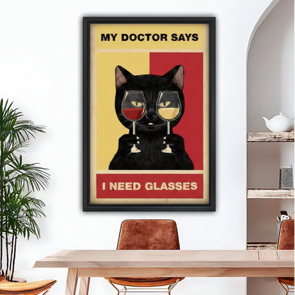 Framed black cat wine glass wall art, humorous vintage cat poster canvas, black frame dining room wall decor