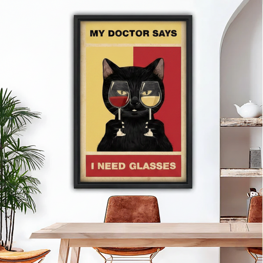 Framed black cat wine glass wall art, humorous vintage cat poster canvas, black frame dining room wall decor