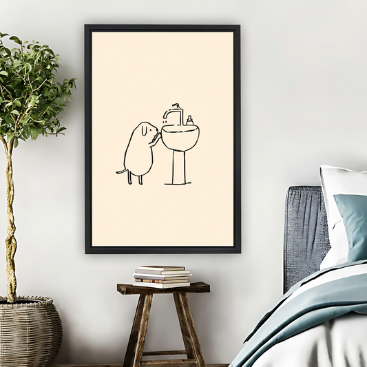 Funny Dog at Sink Minimalist Framed Canvas Wall Art|Liberty Signs #L1677