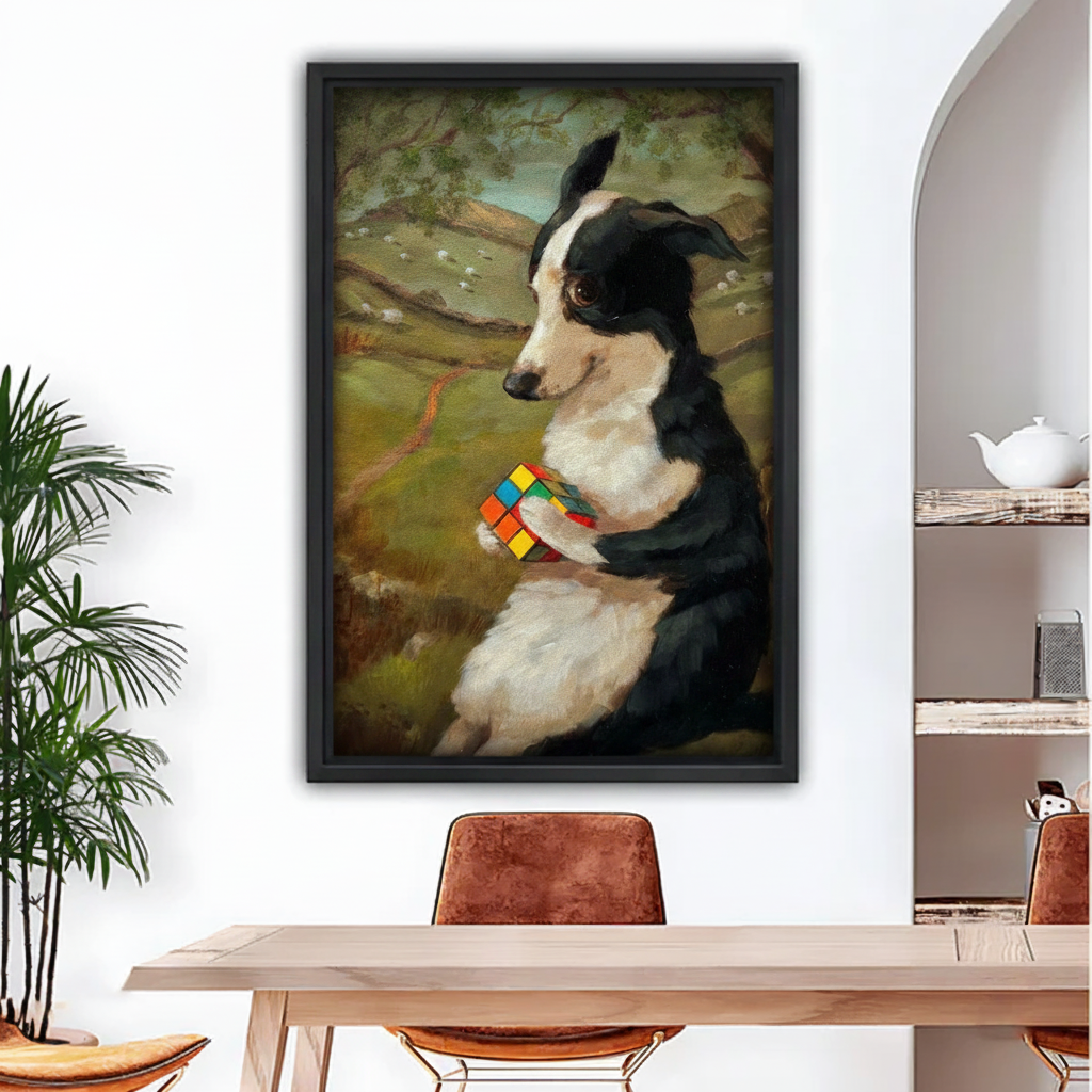 Vintage oil painting Border Collie with Rubik's Cube framed canvas wall art above dining table in modern home
