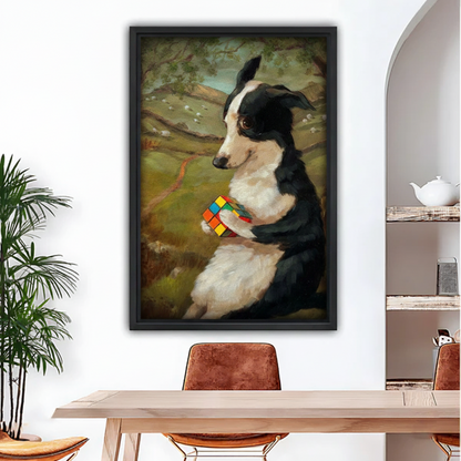 Vintage oil painting Border Collie with Rubik's Cube framed canvas wall art above dining table in modern home