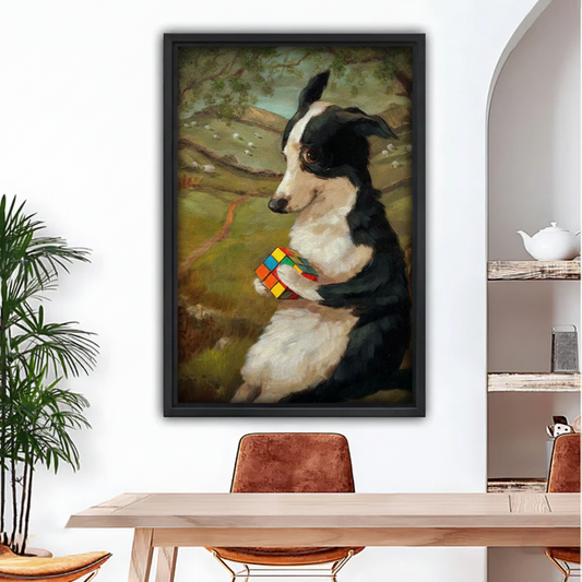 Vintage oil painting Border Collie with Rubik's Cube framed canvas wall art above dining table in modern home