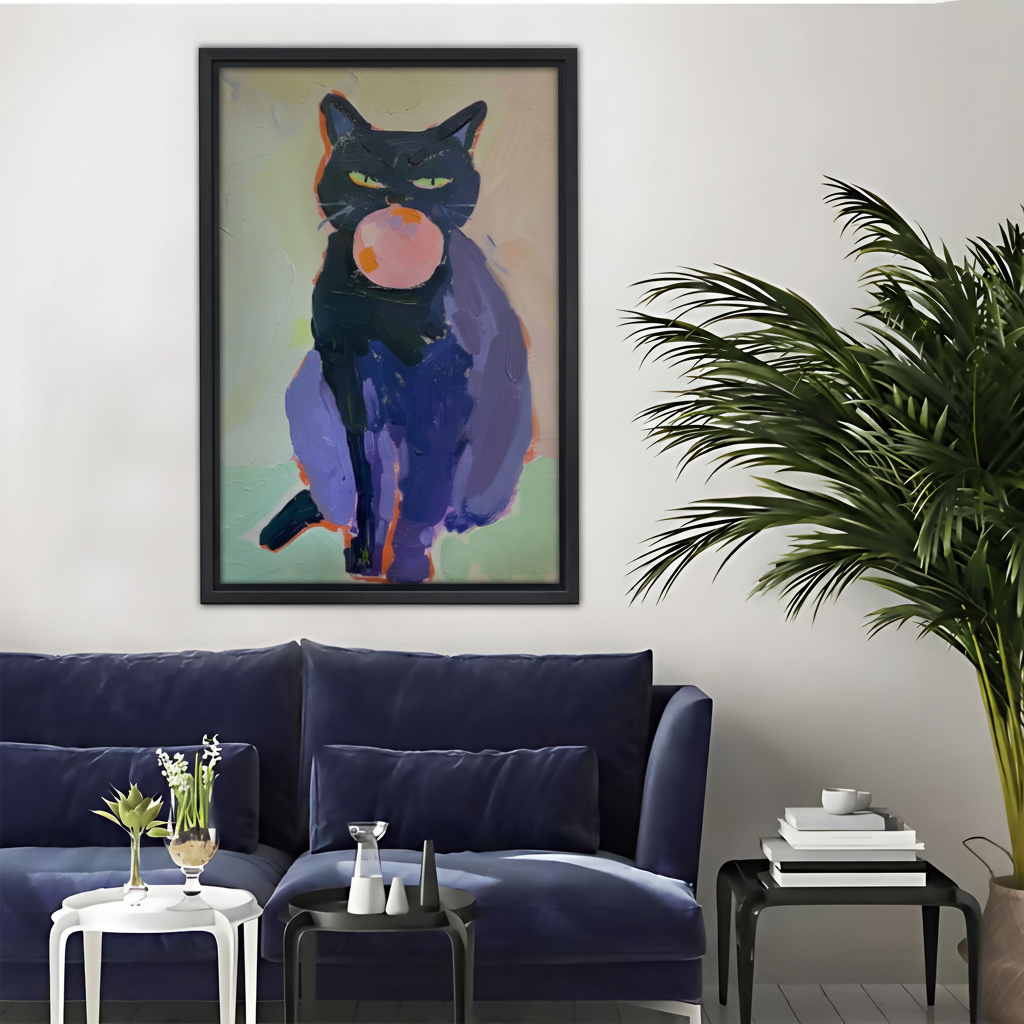 Cool Black Cat Blowing Bubble Gum Abstract Framed Canvas Art|Liberty Signs #L1684