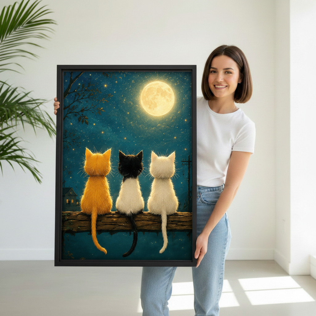 Woman holding three cats moonlight framed canvas wall art – large cat print for bedroom