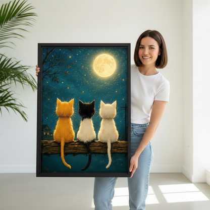 Woman holding three cats moonlight framed canvas wall art – large cat print for bedroom
