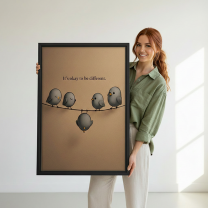 Woman holding It's okay to be different bird framed canvas print — cute inspirational wall art gift idea