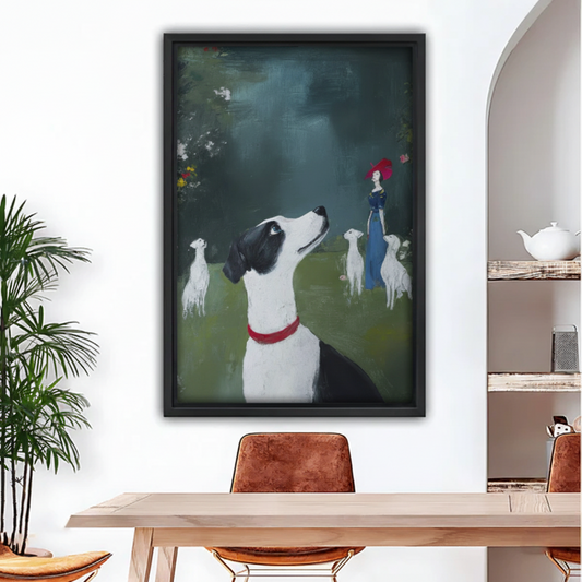 Vintage garden oil painting wall art with lady and dogs in black frame above dining table