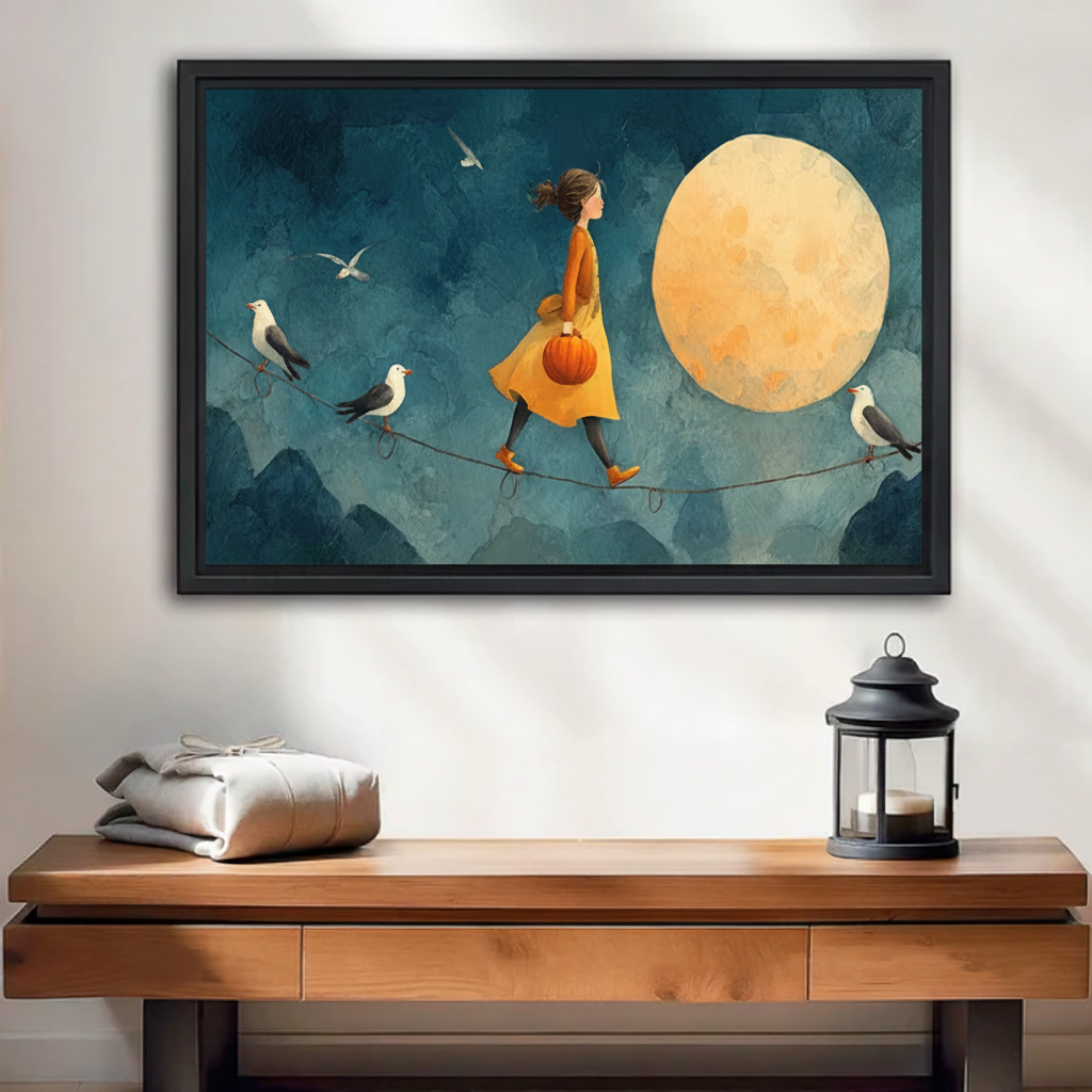 Dreamy moonlit girl tightrope seagulls fantasy framed canvas wall art displayed above entryway console table