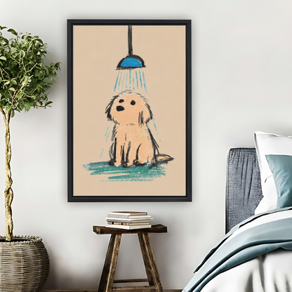 Cute Puppy Bath Time Pastel Sketch Framed Canvas Wall Art|Liberty Signs #L1685