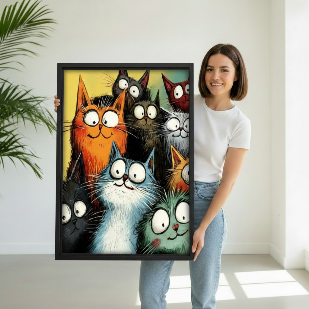 Funny cartoon cats canvas wall art in black frame held by woman – colorful big-eyed cat print for living room
