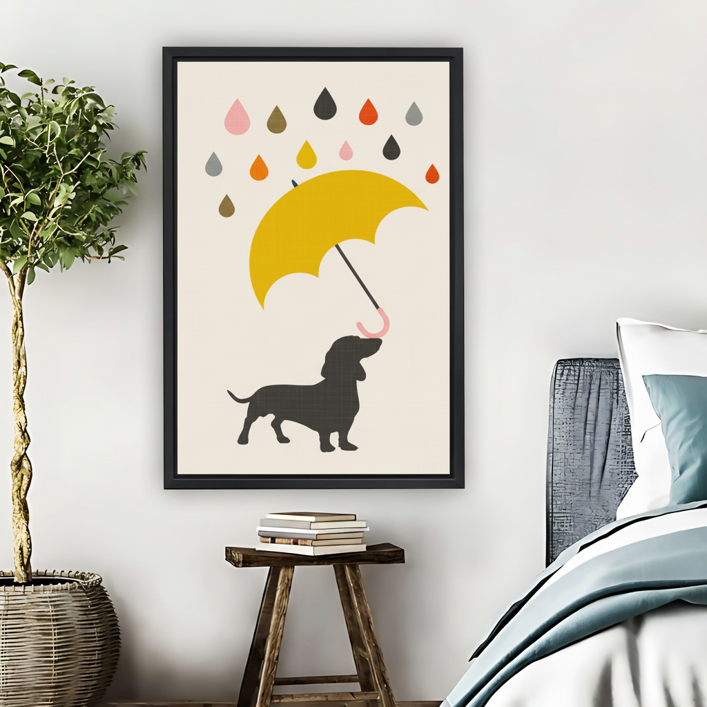 Dachshund Yellow Umbrella Colorful Retro Framed Canvas Wall Art|Liberty Signs #L1672