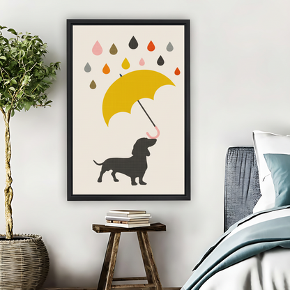 Dachshund Yellow Umbrella Colorful Retro Framed Canvas Wall Art|Liberty Signs #L1672