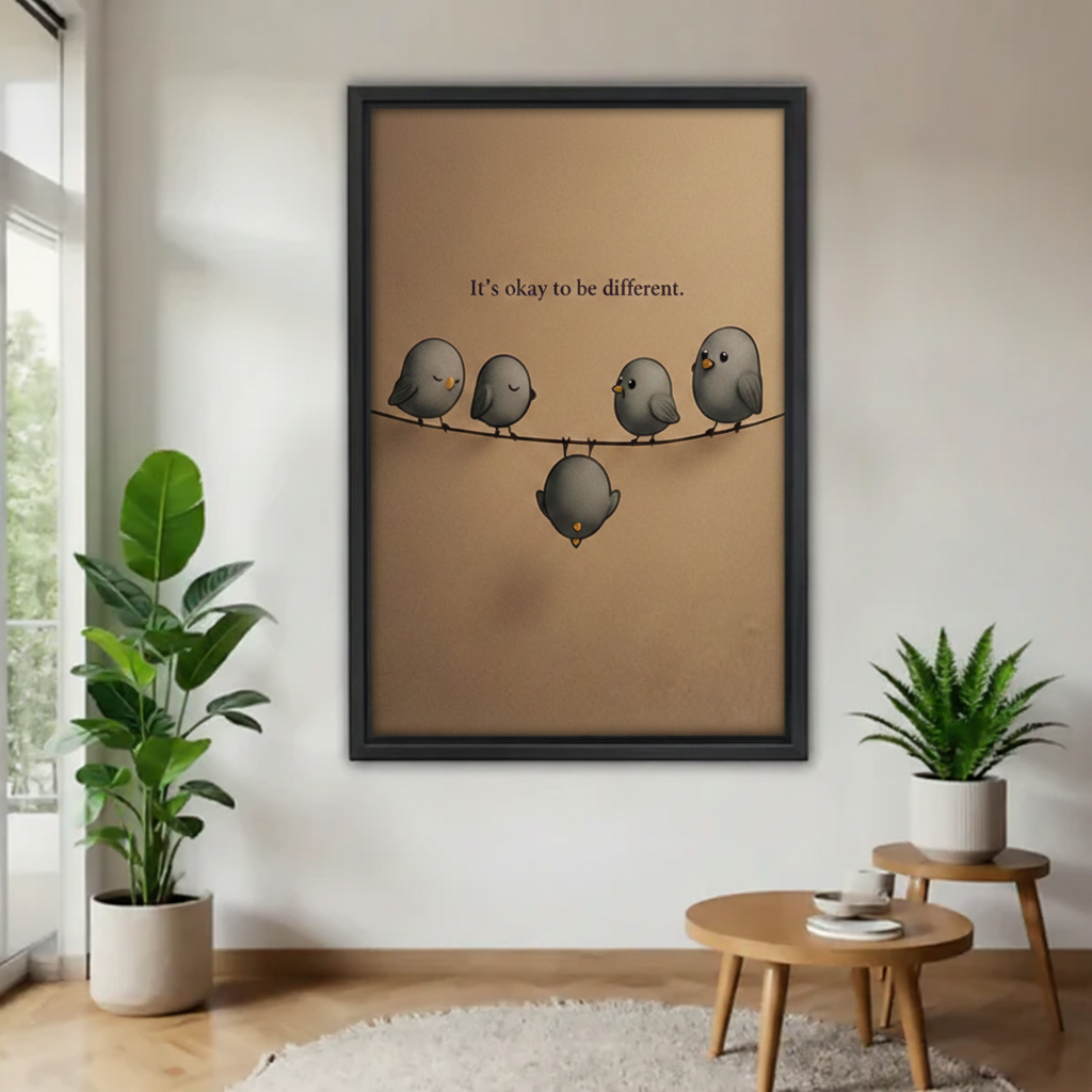 It's okay to be different bird framed canvas wall art in modern living room — whimsical inspirational home decor