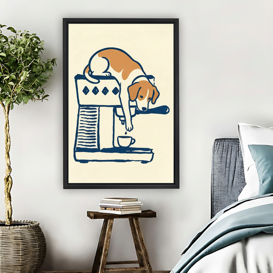 Beagle Dog Espresso Machine Illustration Framed Canvas Art| Liberty Signs #L1660