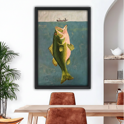 Largemouth bass fishing framed canvas print hanging in dining room, vintage underwater fish wall art above wooden table, cabin and farmhouse decor