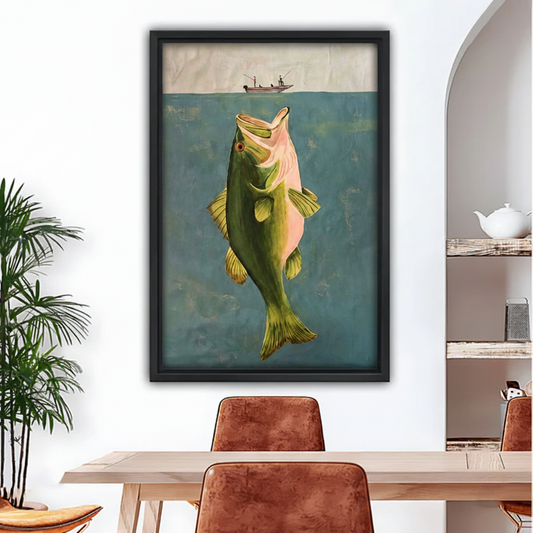 Largemouth bass fishing framed canvas print hanging in dining room, vintage underwater fish wall art above wooden table, cabin and farmhouse decor