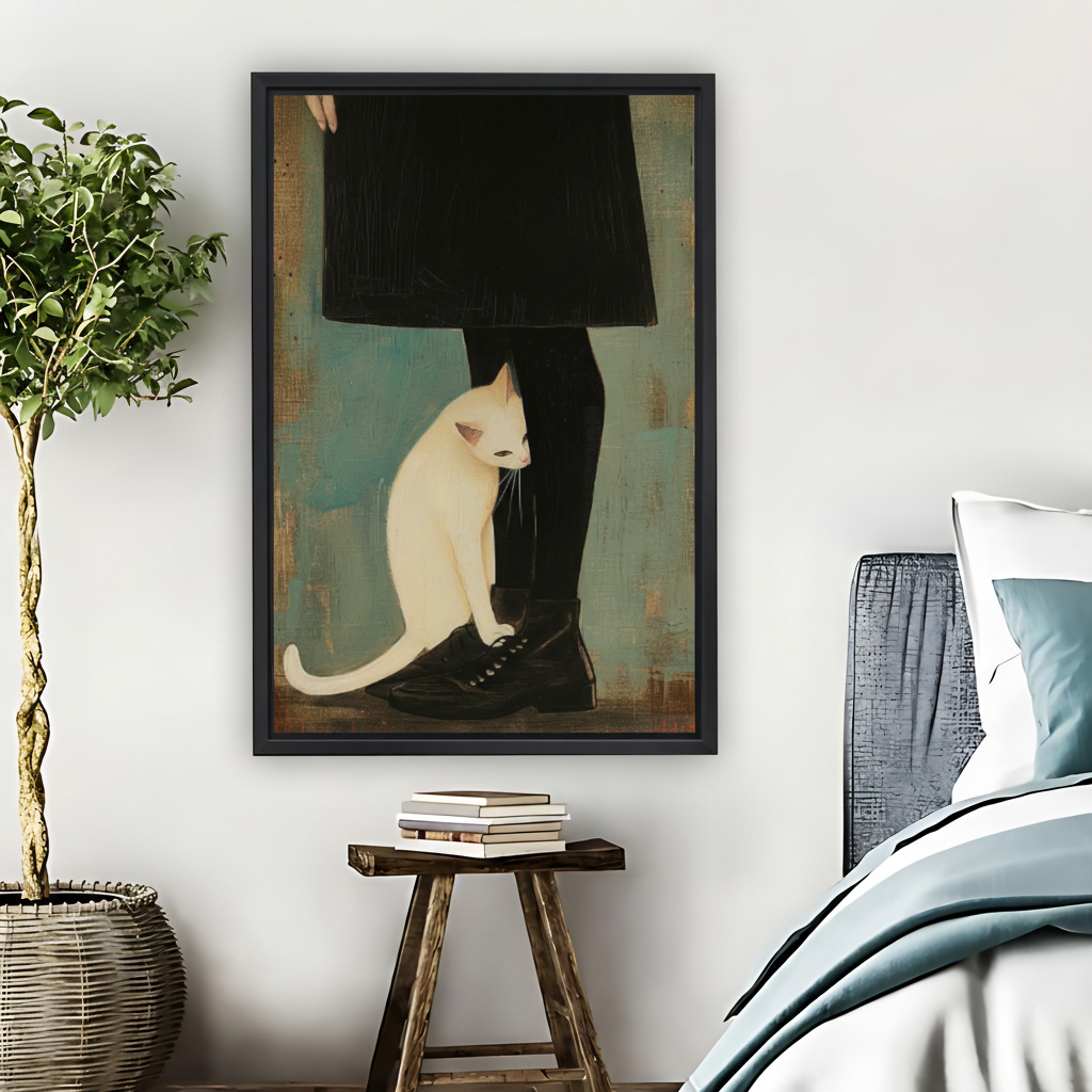 White Cat Black Boots Figurative Oil Painting Framed Canvas Art|Liberty Signs #L1683