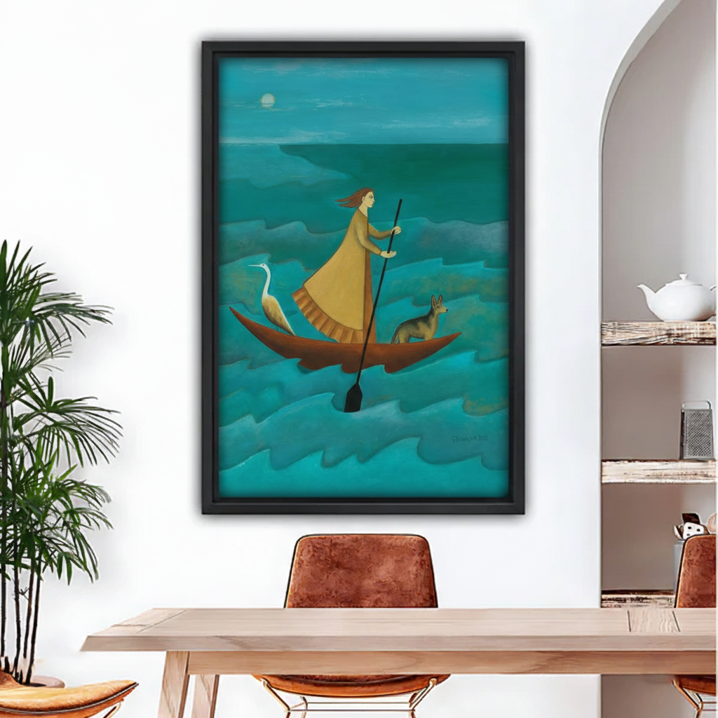 Black framed art print featuring a woman in a golden dress rowing through stylized teal sea waves with a white heron and dog, hung in a dining room