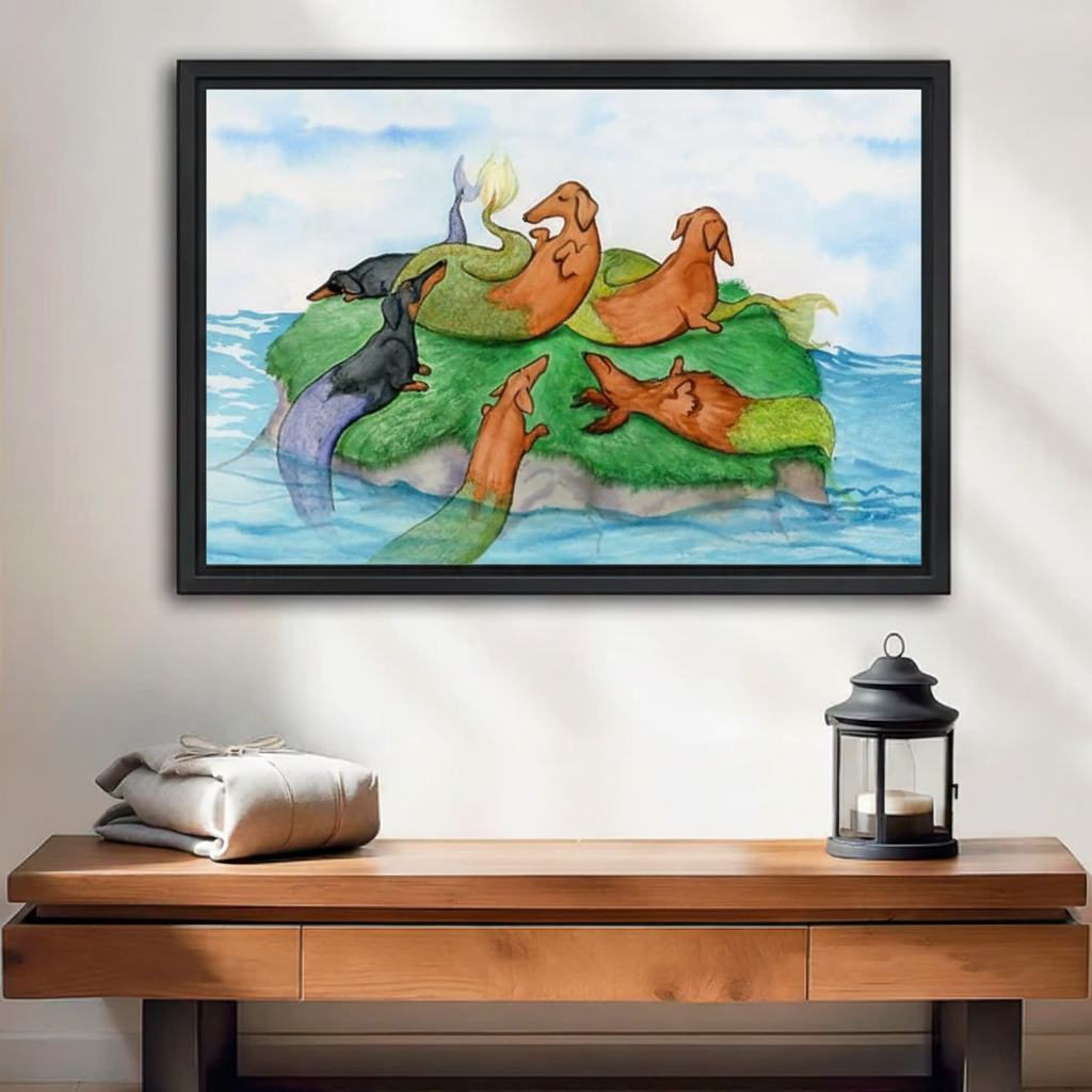 Whimsical dachshund island watercolor framed canvas wall art above entryway console table