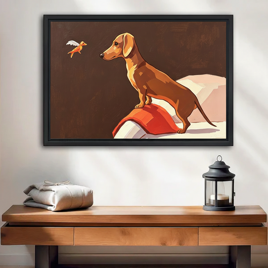 Dachshund and bird whimsical oil painting framed canvas wall art above entryway console table