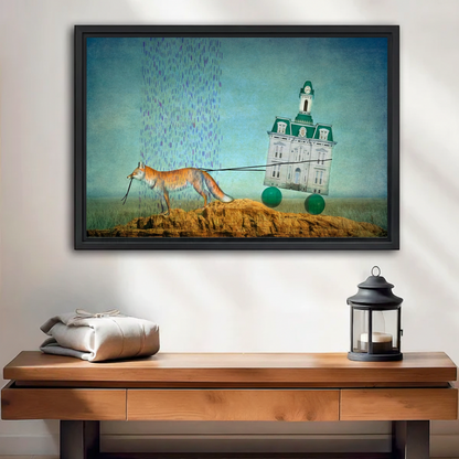 Fox pulling Victorian clock tower surrealist framed canvas wall art above entryway console table