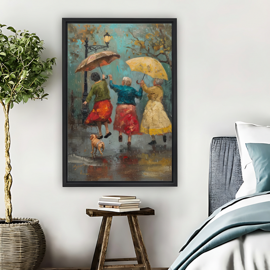 Three Ladies Dancing in Rain Framed Canvas Wall Art| Liberty Signs #L1643