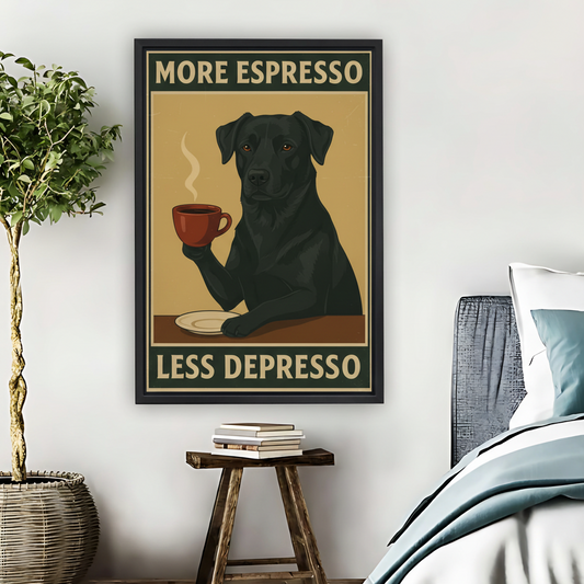 More Espresso Less Depresso Black Lab Framed Canvas Art| Liberty Signs #L1651