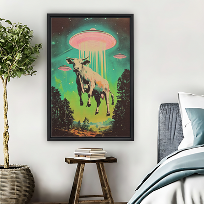 UFO Cow Abduction Retro Neon Poster Framed Canvas Art| Liberty Signs #L1653