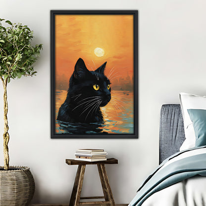 Black Cat Silhouette Sunset Print | Modern Coastal Wall Art|Liberty Signs #L622