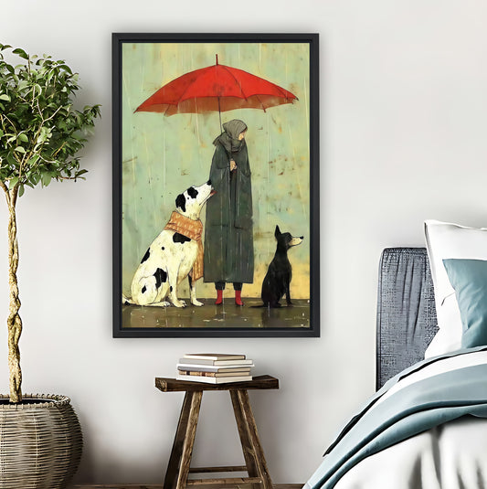 Woman with Umbrella & Dogs in Rain Whimsical Wall Art|Liberty Signs #L874