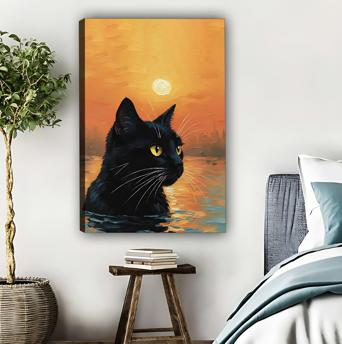 Black Cat Silhouette Sunset Print | Modern Coastal Wall Art|Liberty Signs #L622