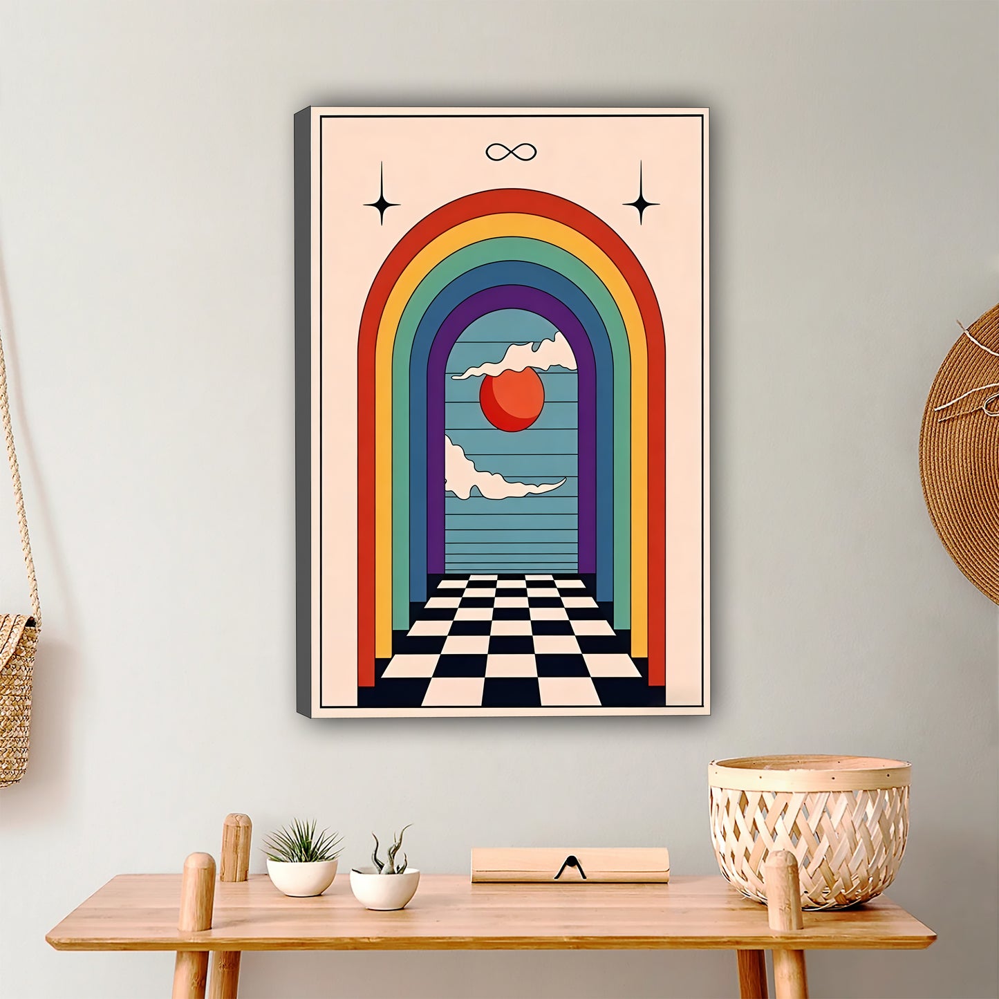Retro Rainbow Archway Art Print - Boho Geometric Checkerboard Wall Decor|Liberty Signs #L453
