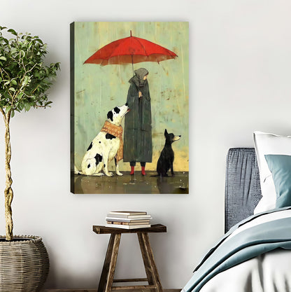 Woman with Umbrella & Dogs in Rain Whimsical Wall Art|Liberty Signs #L874