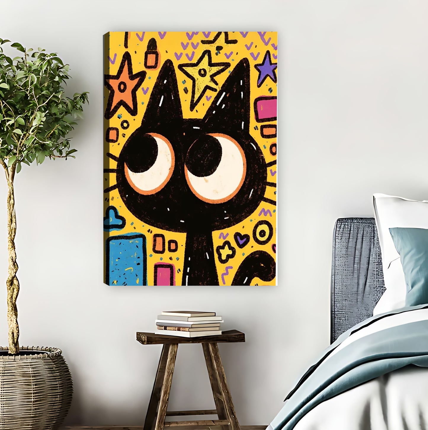 Big-Eyed Black Cat Starry Night Pop Art Wall Art|Liberty Signs #L856