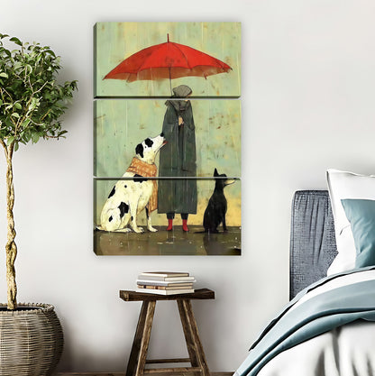 Woman with Umbrella & Dogs in Rain Whimsical Wall Art|Liberty Signs #L874