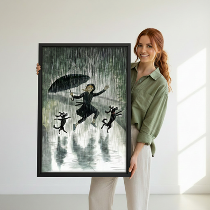 Woman holding large girl dancing in rain with cats whimsical framed canvas print — joyful anime wall art gift for cat lovers