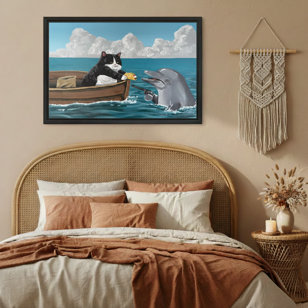 Tuxedo cat in boat offering taco to dolphin holding gun — funny animal oil painting canvas print