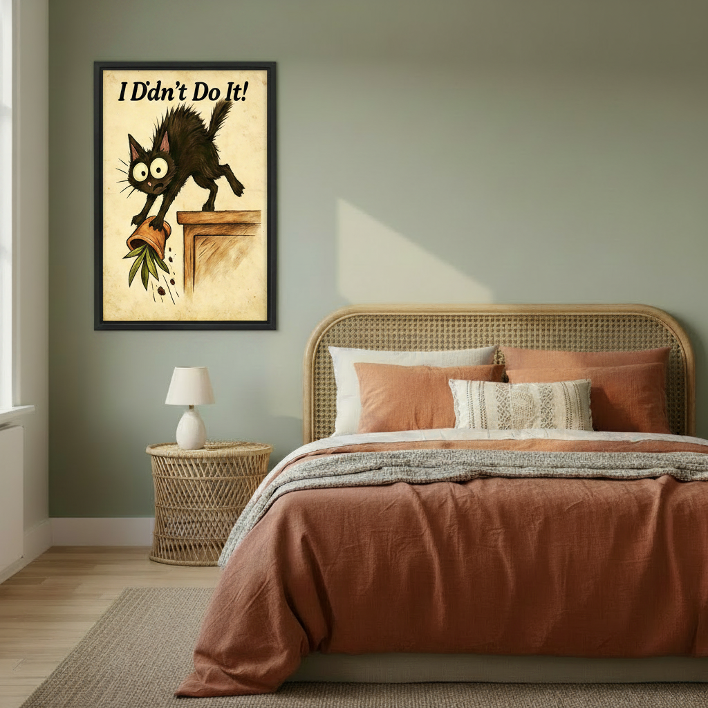 Funny black cat wall art for bedroom, guilty cat pushing plant pot off table "I Didn't Do It", black framed canvas print for boho bedroom decor