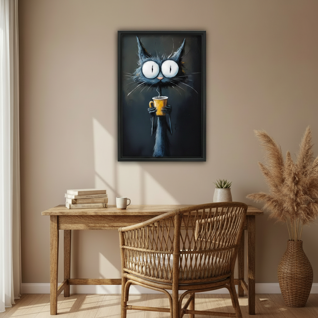 Quirky big-eyed black cat yellow coffee mug dark oil painting wall art print in black frame above rustic oak desk with rattan chair stacked books white coffee cup and pampas grass in warm boho home office